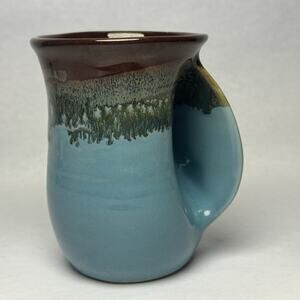 Neher Art Pottery Right Hand Warmer Mug Coffee Cup Signed Handmade Blue Brown